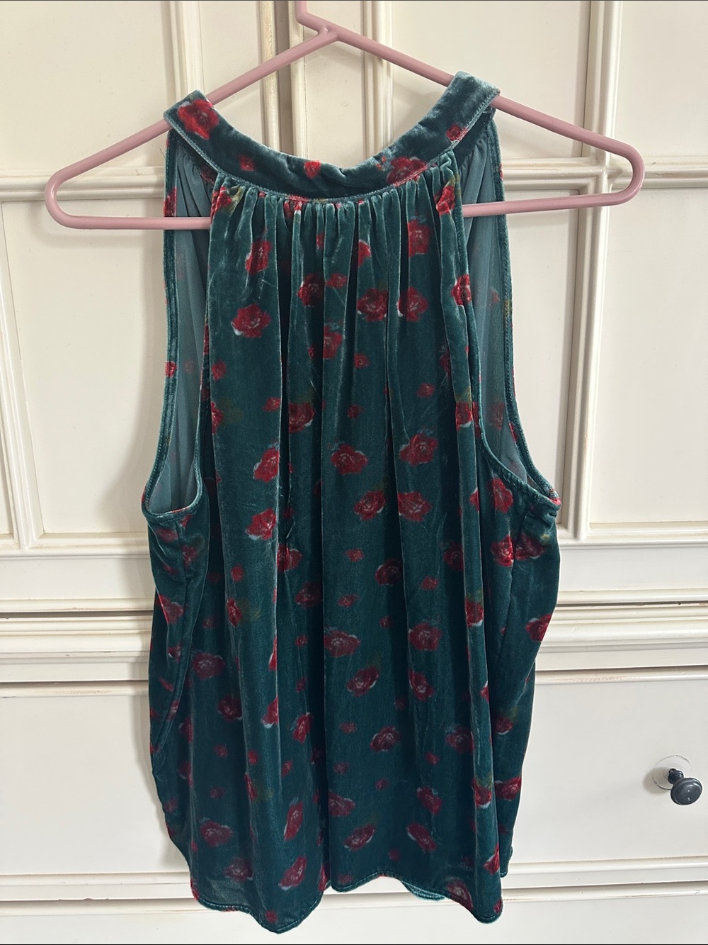 Velvet Floral Teal Tank Top - Teal with Red Floral
